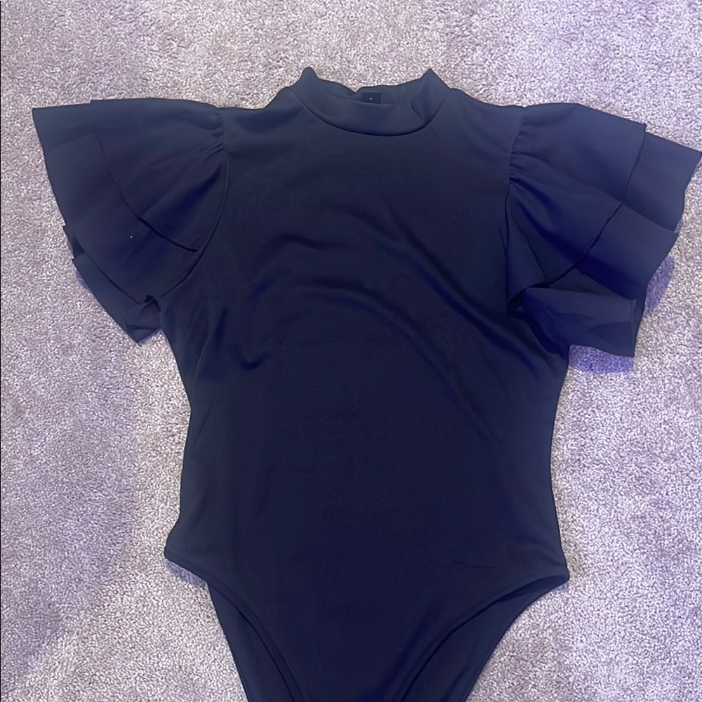 Black Ruffled mock neck bodysuit